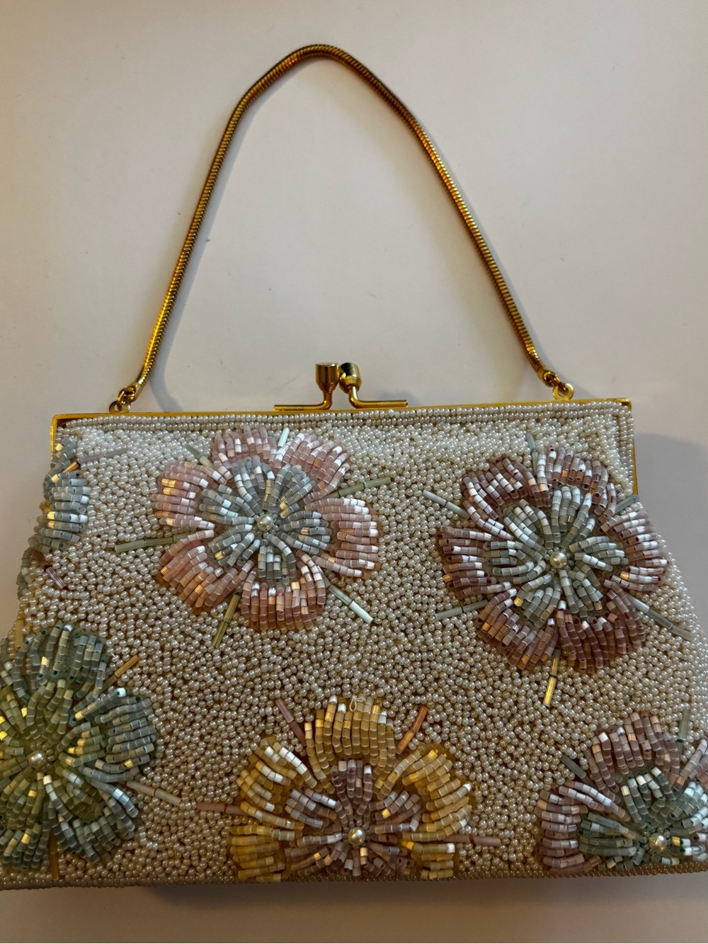 Pearl Beaded Floral Evening Clutch in Ivory and Multicolor